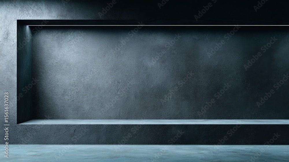 Poster Long empty dark blue wall with ledge and shadow background in minimal style.