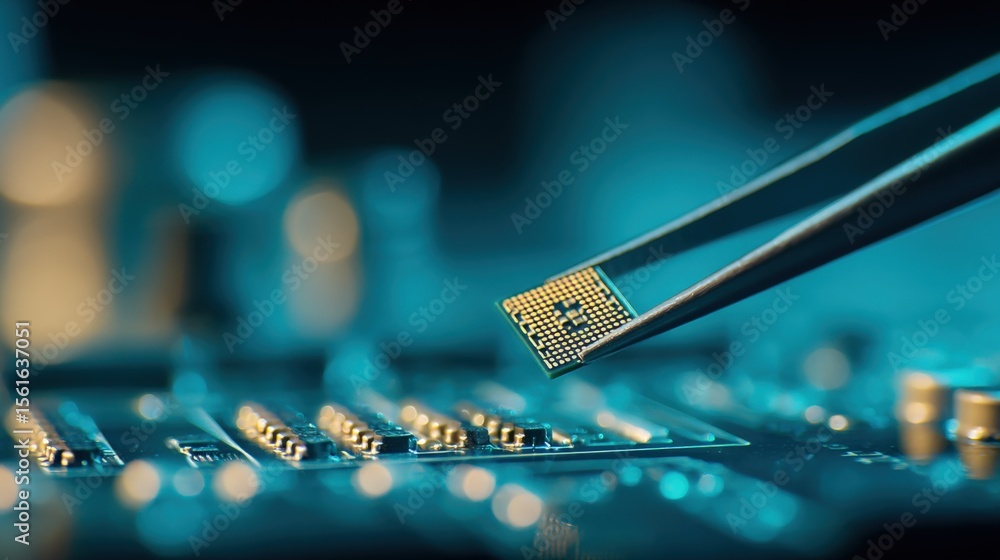 Poster Close-up of a computer microchip being handled with tweezers over circuit board.
