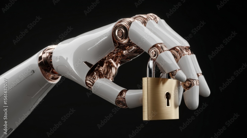 Poster close up of a robotic hand holding a brass padlock symbolizing security and technology.