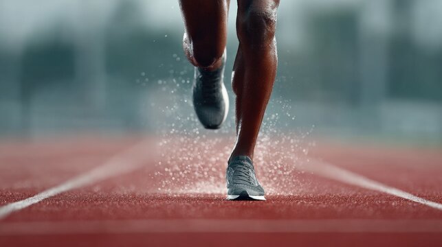 Close-up of runner's legs and feet sprinting on red outdoor track surface during daytime.