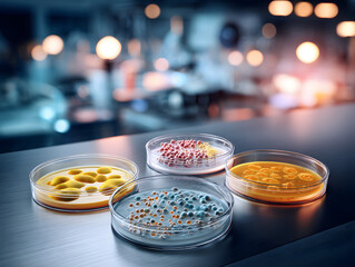 Super macro realistic photo of four petri dishes.