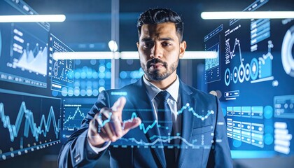 Focused Executive Navigating Digital Data Streams: A Modern Business Visualization