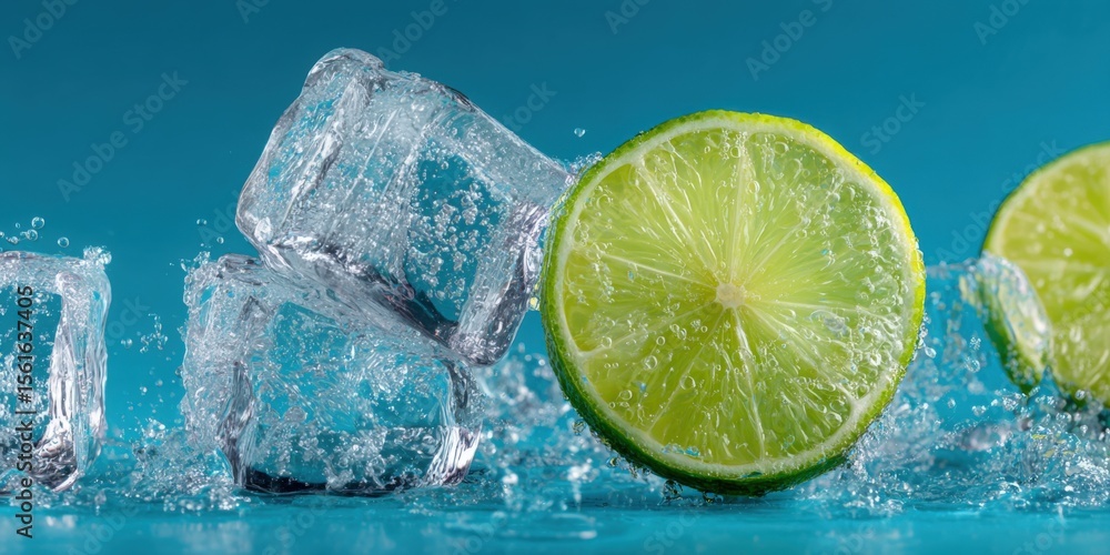 Aufkleber refreshing lime slices and ice cubes in water with splash effect bright background.