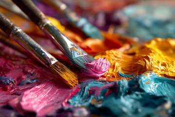 Obraz premium Close up of artist paintbrushes with vibrant oil paints on a palette isolated on white background