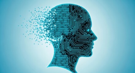 Digital human head dissolving into binary code and circuitry
