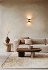 Beige minimalist living room with natural elements