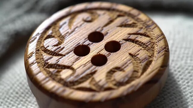 Carved wood button with four holes, detailed