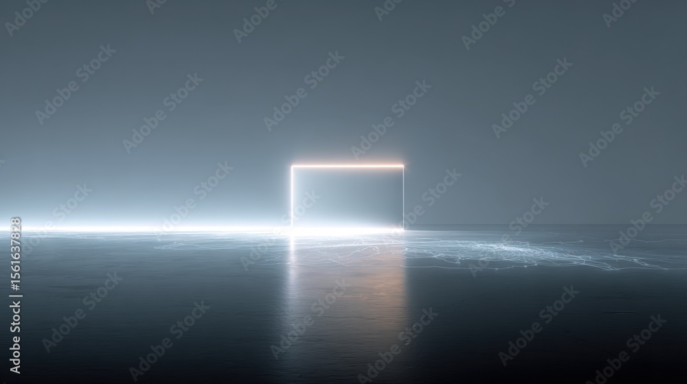 Aufkleber futuristic glowing rectangular hologram floating above water with misty background.
