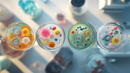 Super macro realistic photo of four petri dishes.