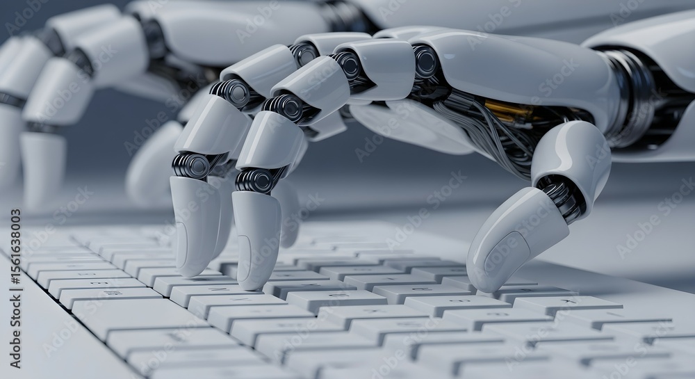 Poster robotic hand typing on a computer keyboard. artificial intelligence and machine learning concept, gl