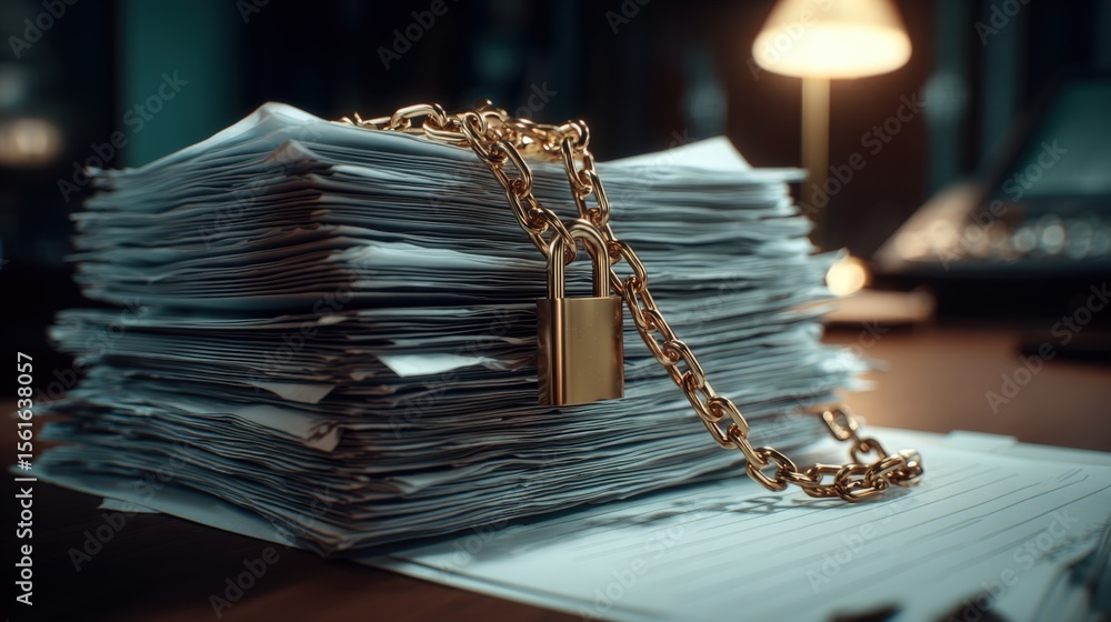 Poster overfilled desk with a large stack of papers secured with a padlock and chain in office setting.