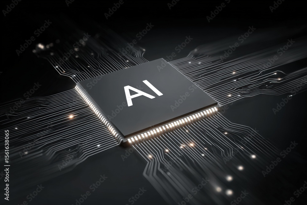 Poster close up of a modern artificial intelligence computer chip with circuit lines on dark background.