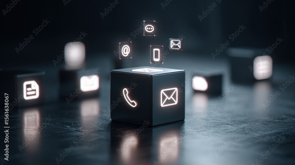 Poster futuristic digital communication icons array displaying various mobile technology symbols.