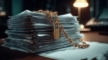 Overfilled desk with a large stack of papers secured with a padlock and chain in office setting.
