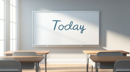 Bright modern classroom with whiteboard displaying the word Today in natural sunlight.