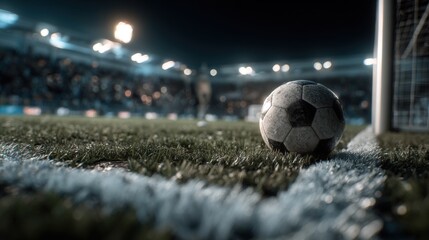 Close-up of a classic black and white soccer ball on a grass field in a stadium with bright floodlights at night.