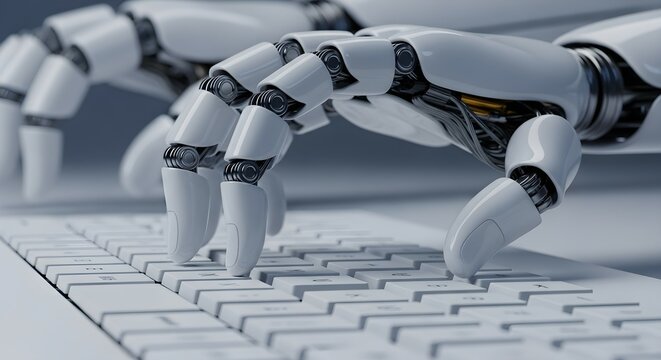 Robotic hand typing on a computer keyboard. Artificial intelligence and machine learning concept, global digital technology.