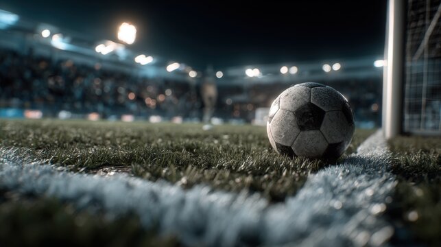 Close-up of a classic black and white soccer ball on a grass field in a stadium with bright floodlights at night.