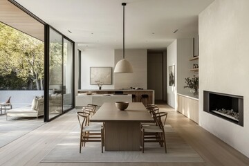 Fototapeta premium Open dining room with minimalist lines, subdued color palette and refined style