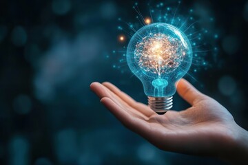 Open palm holding holographic bulb with animated brain network inside