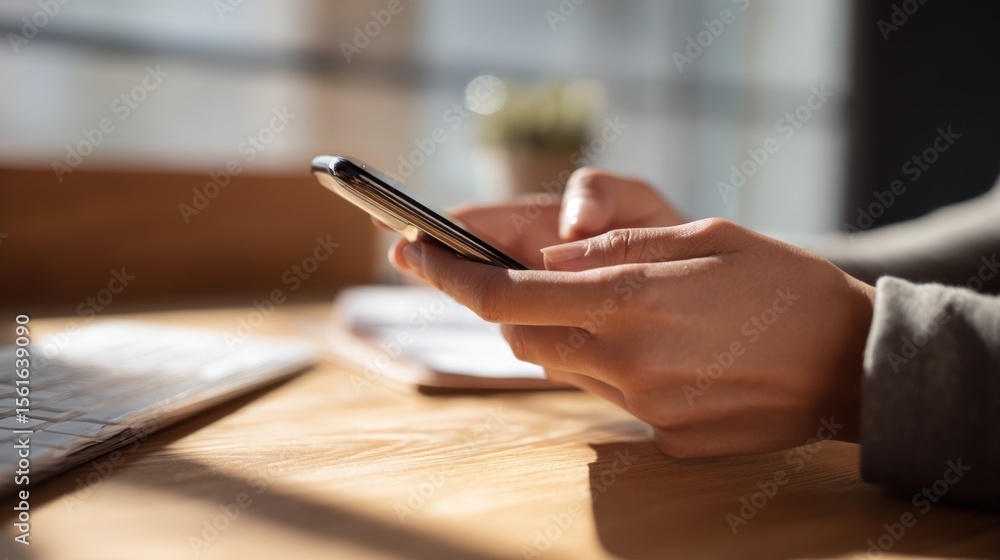 Poster Person holding smartphone with both hands while sitting at a desk in a modern office space.