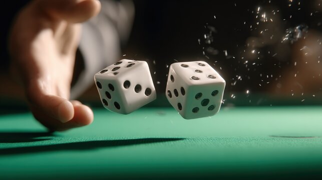Close-up of a person's hand rolling dice on a green gaming table with motion blur and sparks.