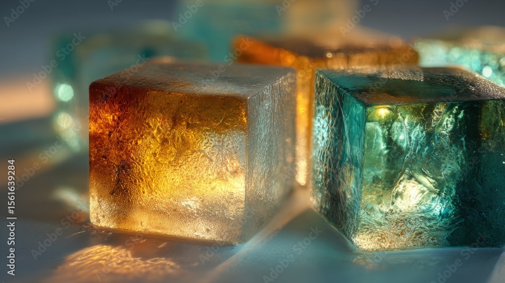 Poster Close-up of colorful illuminated ice cubes with glowing reflections and textured surfaces under soft lighting.