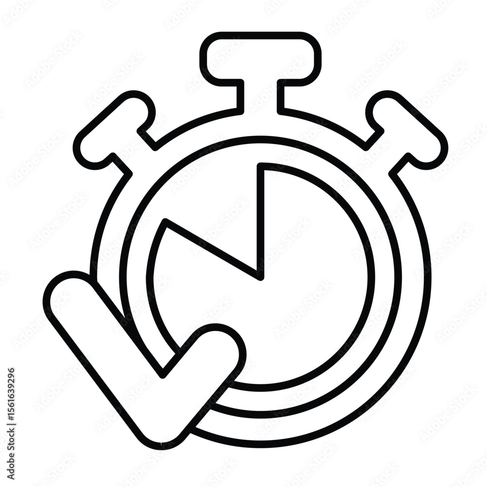 Poster stopwatch timer and checkmark thin line icon, project schedule concept. vector graphics. clock with 