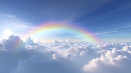 Bright rainbow arching above fluffy white clouds in a vivid blue sky during daytime.