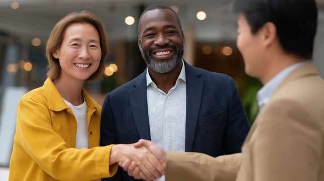 Multiracial couple closing a home deal with real estate agent