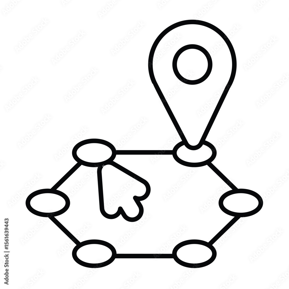 Poster location pin and route with mouse cursor thin line icon, navigation concept. vector graphics. positi