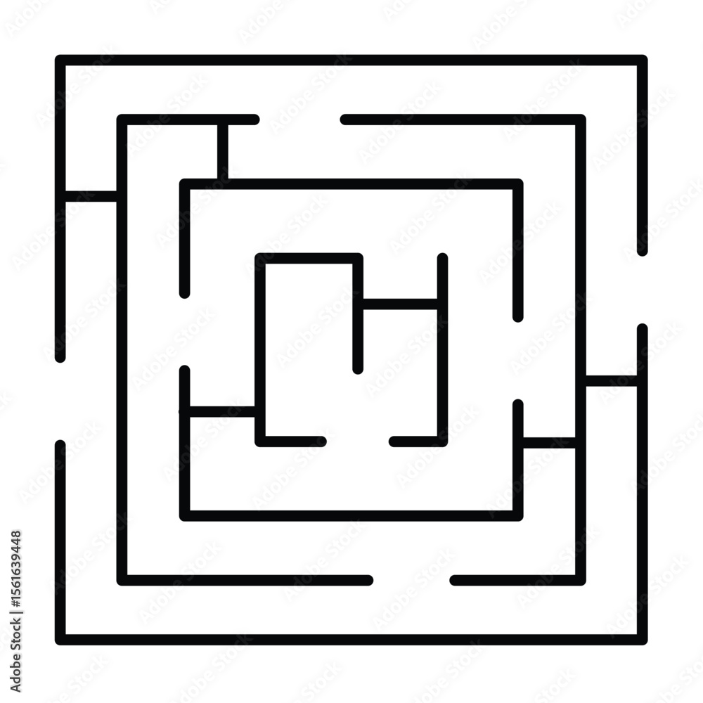 Poster square maze with entrance and exit thin line icon, logical game concept. vector graphics. labyrinth 