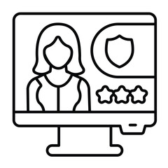 Monitor screen with wanted woman thin line icon, design recruitment concept. Vector graphics. Display with portfolio profile sign on white background, style mobile or design.