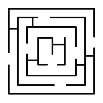 Square maze with entrance and exit thin line icon, logical game concept. Vector graphics. Labyrinth with square shape sign on white background, style mobile or design.
