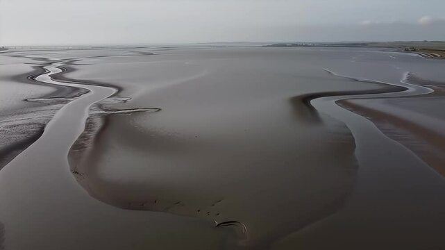 Wide shot of muddy, sandy, winding tidal flats under a gray sky