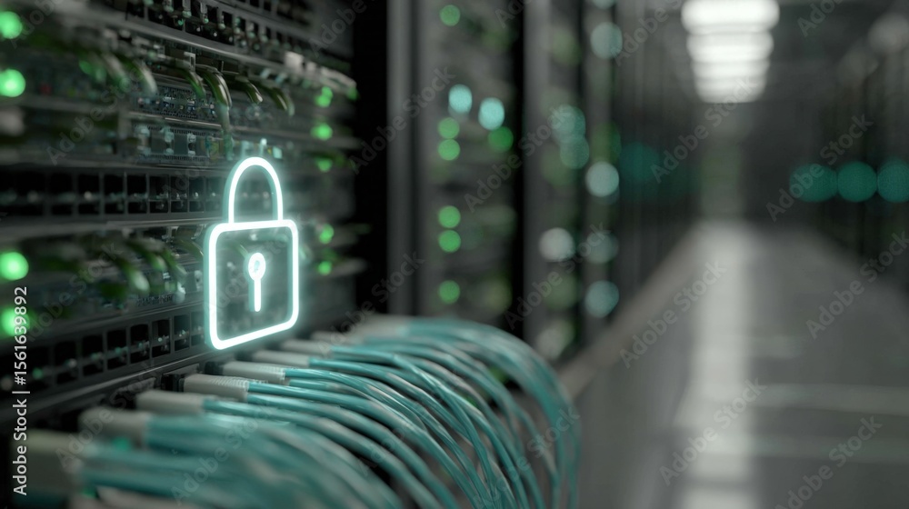 Poster modern data center server rack with digital security lock network cables.