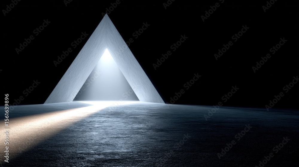 Poster modern minimalist geometric pyramid structure in dark setting with spotlight illumination.