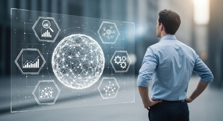 Businessman analyzing global data network and business analytics on futuristic interface