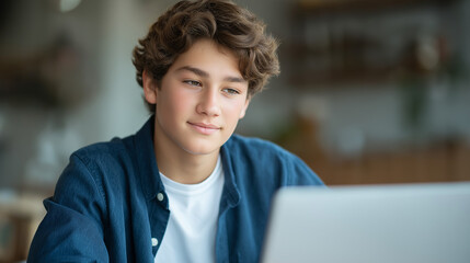 Young student focused on online learning at home