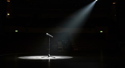 Dark stage with microphone on a stand illuminated by a dramatic circular spotlight beam