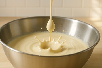 Cake Batter Splash in Mixing Bowl, Baking Ingredients Preparation Macro.