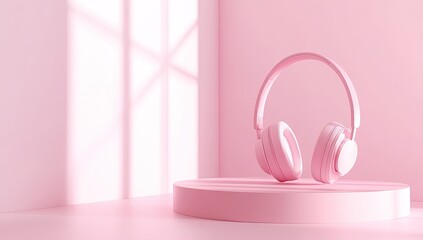 Pink headphones on a pink pedestal in a soft-lit room