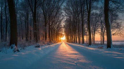 Snowy Winter Road Scene with Bare Trees and Sunset Light in Cold Forest Setting.