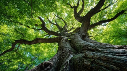Obraz premium Majestic ancient tree with sprawling branches and vibrant green leaves from below.