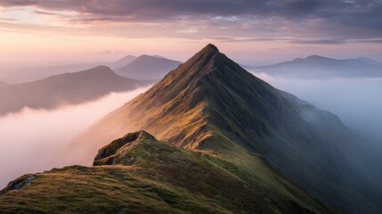 Majestic mountain ridge overlook with lush greenery and atmospheric clouds.