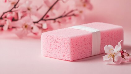 Pink bath sponge nestled amidst spring blossoms