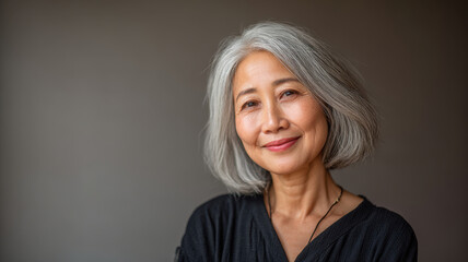 Fototapeta premium Aging woman with gray hair smiling gracefully showing confidence and natural beauty in simple black top against neutral background