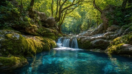 Naklejka premium Serene Forest Stream with Clear Blue Water Flowing Through Mossy Rocks and Lush Green Trees.