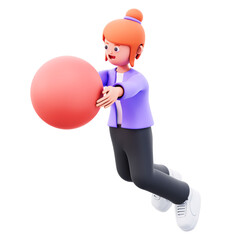 3D Cartoon Woman Levitation Holding an Orange Sphere