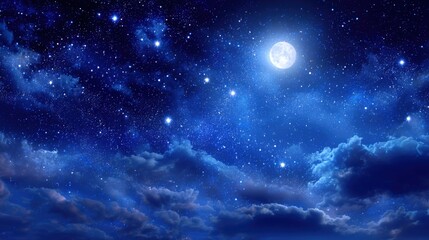 Peaceful Night Sky with Bright Full Moon and Sparkling Stars Over Cloudy Horizon.